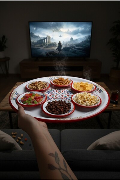 İnci Emaye 7 Parça Büyükboy çırağan Desenli Emaye Kahvaltı Seti, Sunum, Kahvaltı Tabağı, Reçellik, Çeyiz