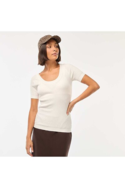KIABI Short-sleeved ribbed sweater with scoop round neckline WHITE