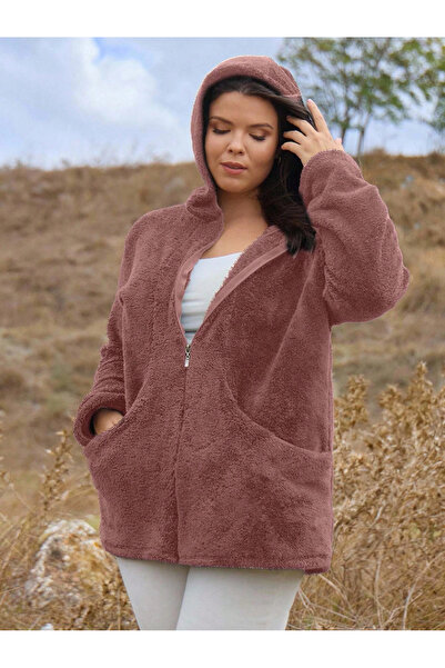 ModaSehle Women's Large Size Long Sleeve Pocket Hooded Zippered Plush Cardigan Jacket