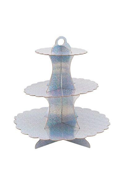 SHOPIENS Cake Stand Shopiens® with 3 tiers of 30 cm, 23 cm, and 16 cm, silver holographic, 32.8 cm