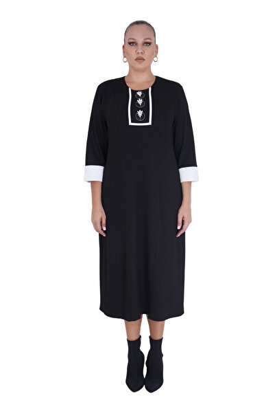 Darkmen Women's Plus Size Black Knee-Length Half Sleeve Dress