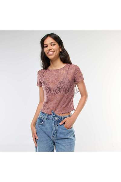 KIABI Lace Short-Sleeve T-shirt BROWN