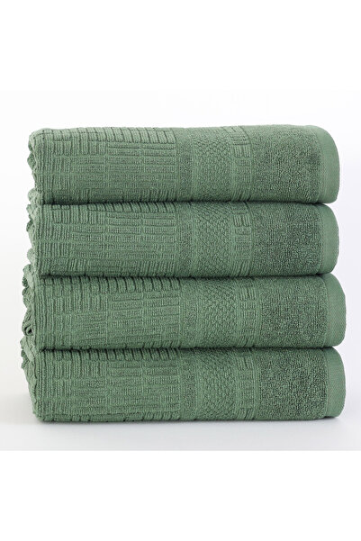 TEOHOMELİNENS Four-Piece Jacquard Bath Towel Set, 70X140 Cm, Stylish Geometric Pattern, 20/ Ring Karde, 600 Gsm- Green