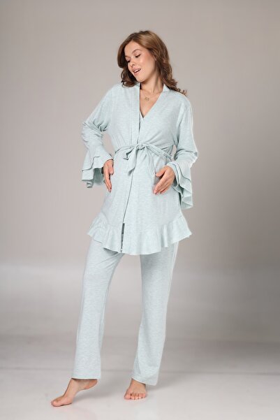 Pelin Women's Green Double-Breasted Collar Flounce Sleeve Adjustable Waist Maternity 3-Piece Pajama Set