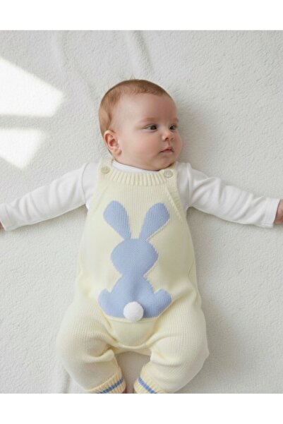 Ege Bebek Winter Rabbit Detailed Knitwear Salopet and Inner Badili Set, 3-6-9-12 Months Knitwear Gardener Jumpsuit R2206