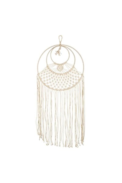 SHOPIENS Decorațiune de perete rotundă macrame bej cu franjuri Ø40x90cm