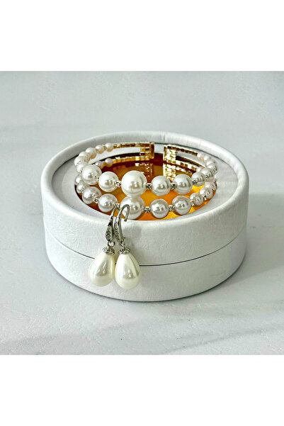 FashionForYou Precious Pearls accessory set with earrings and bracelet made of handcrafted pearls, in gift box, White