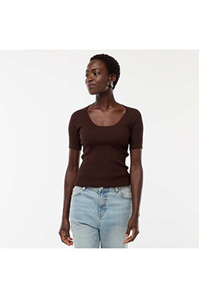 KIABI Short-sleeved ribbed sweater with scoop round neckline BROWN
