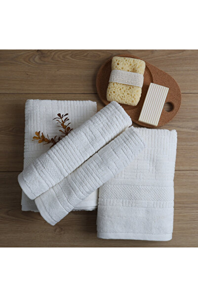 TEOHOMELİNENS Double Jacquard Bath Towel Set, 70X140 Cm, Stylish Geometric Pattern, 20/ Ring Karde, 600 Gsm- Ecru