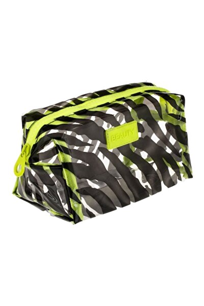 SHOPIENS Summer Toiletry Bag, Transparent Zebra Print with Neon Yellow Zipper and 'Beauty' Patch