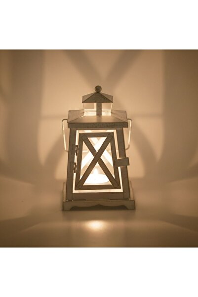 SHOPIENS Hanging Decorative Metal Lantern, White Gold Brushed with Handle and Glass 12.5x12.5x21cm