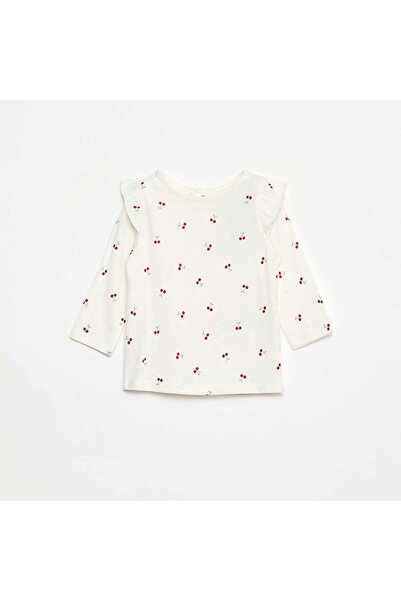 KIABI Long-sleeved patterned T-shirt with ruffled armholes WHITE