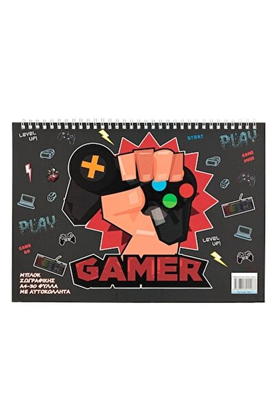 SHOPIENS Bloc de Desen A4 cu Spirala Gamer cu Autocolante, 30 File Albe cu Mo...