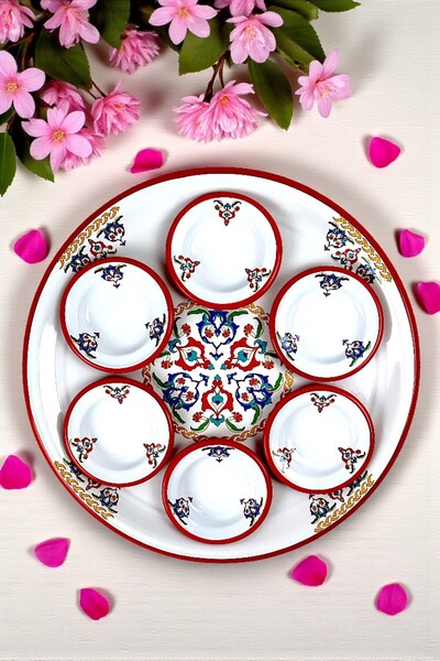 İnci Emaye 7 Parça Büyükboy çırağan Desenli Emaye Kahvaltı Seti, Sunum, Kahvaltı Tabağı, Reçellik, Çeyiz