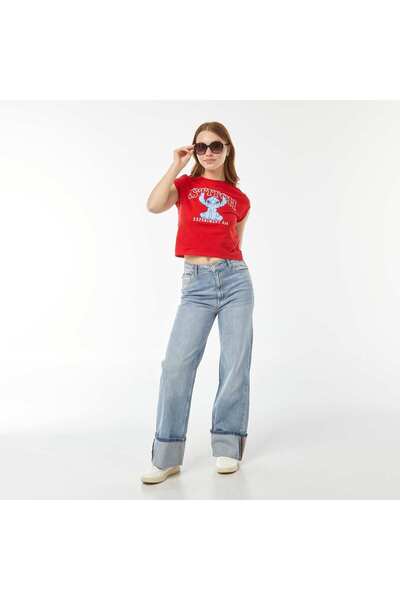 KIABI Printed 'Stitch' Cropped T-shirt RED