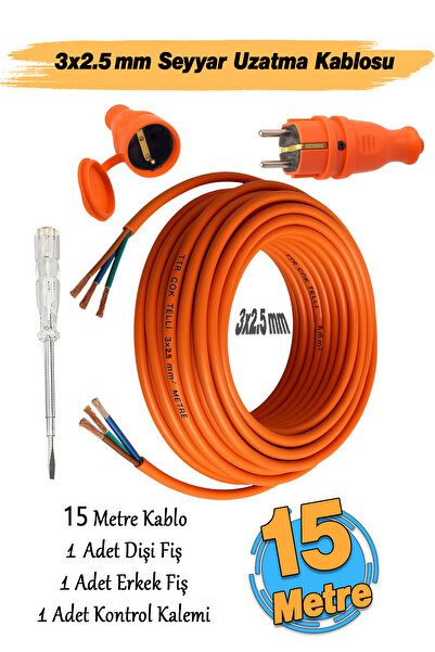 Badem10 Elektrik Kablo Seyyar 15 Metre Kontrol Kalem Dişi Erkek Fiş Uzatma Kablosu TTR CCA Telli 3x2.5 mm