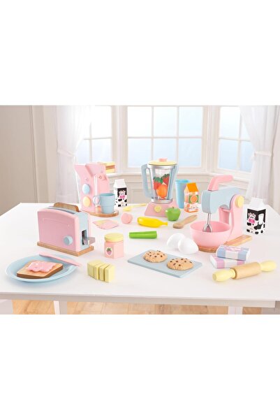 KIDKRAFT Wooden Toaster Playset with 8 Pieces and Working Handle, Play Kitchen Toy - Pastel, Gift fo