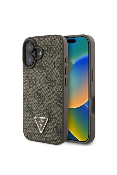 Guess Husă pentru iPhone 16, piele 4G Triangle Strass, maro