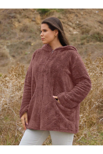 ModaSehle Women's Large Size Long Sleeve Pocket Hooded Zippered Plush Cardigan Jacket