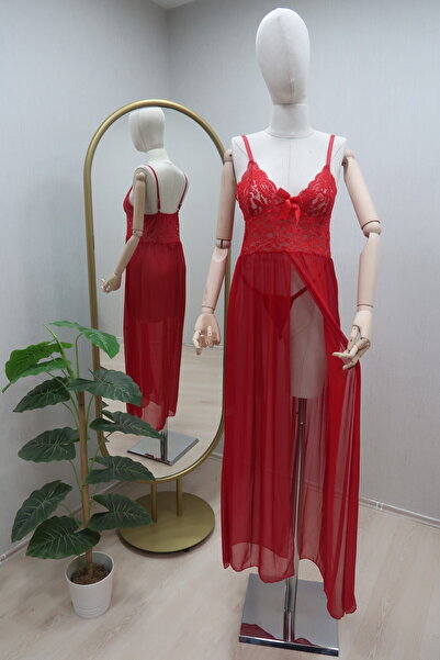 Beleng Red Lace Long Tulle Nightgown Battal