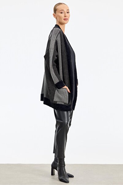 Tığ Triko Sim ip Detaylı Triko Hırka SİYAH-GÜMÜŞ