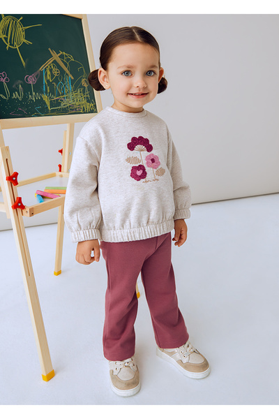 MAYORAL 1-4 Years Old Baby Girl Two-Piece Set – Beige Ribbed Sweatshirt with Floral Detail and Pink Wide-Leg Leggings