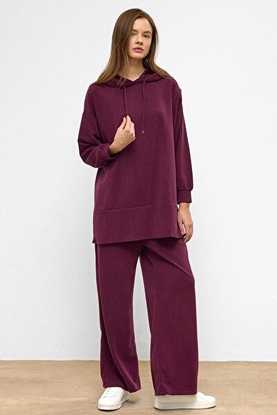 Olcay Hooded Zipper Accessory Sweat Pants Loose Modal Set Bordo 9382-Tk