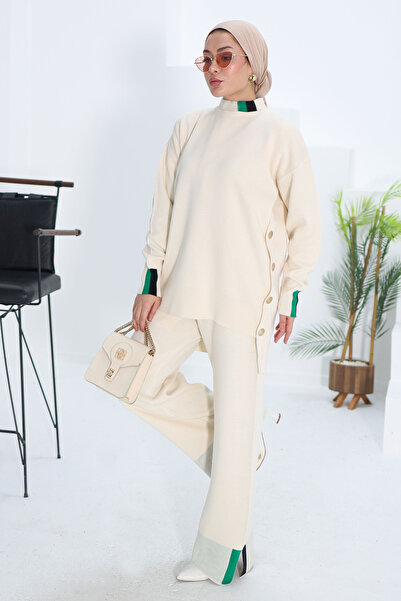 TOFİSA Button Detailed Knitwear Set Cream - 27722-Krem