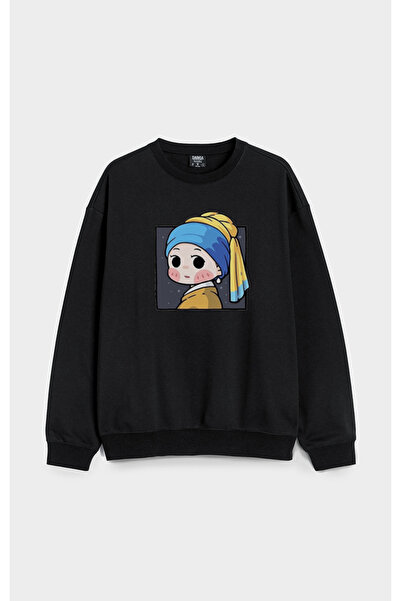 MODA Fată cu cercei cu perle B cu imprimeu B guler rotund Hanorac negru din b...