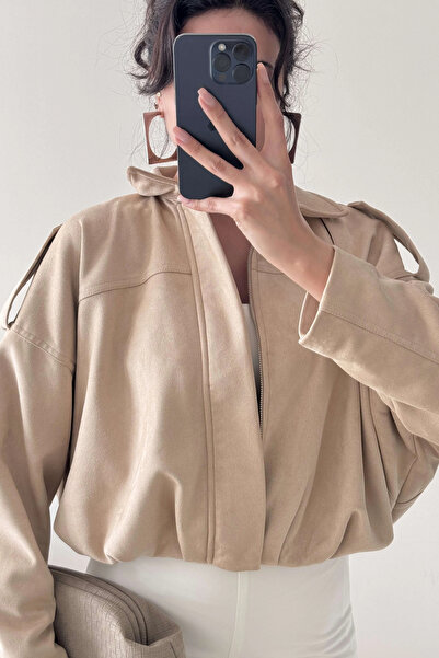 Eka Jachetă bomber din piele de căprioară bej pentru femei 1045-85152