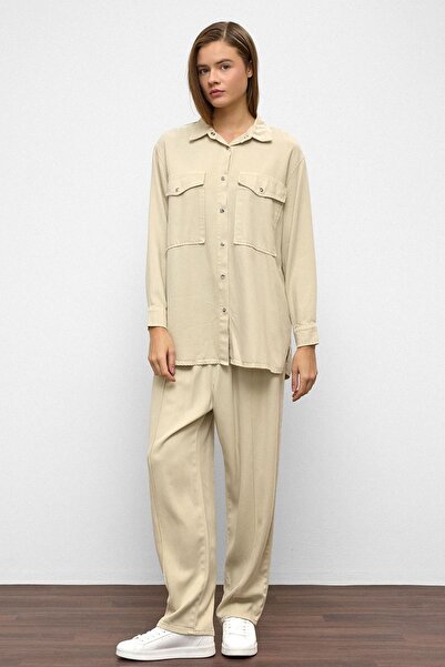 Olcay Snap Closure Casual Soft Denim Two-Piece Set Stone 9378-Tk