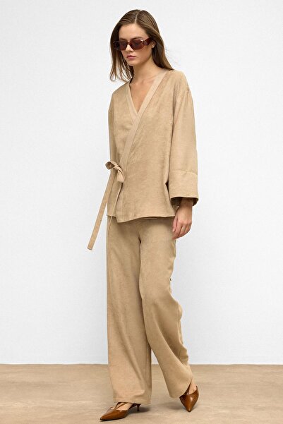 Olcay Tie-Front Suede Look Kimono Double Set Stone 9366-Tk