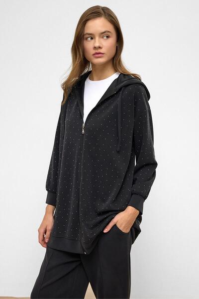 Olcay Premium-Stoff-Sweatpants-Set mit Kapuze und Reißverschluss, schwarzer Stoff, 9371-TK