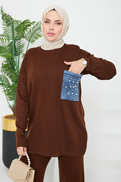 TOFİSA Комплект от трикотажни дрехи с джобове от измита в камъни деним - 27727-COFFEE