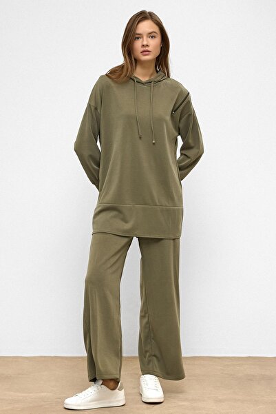 Olcay Kapüşonlu Fermuar Aksesuarlı Sweat Pantolon Salaş Modal Takım HAKİ 9382-TK