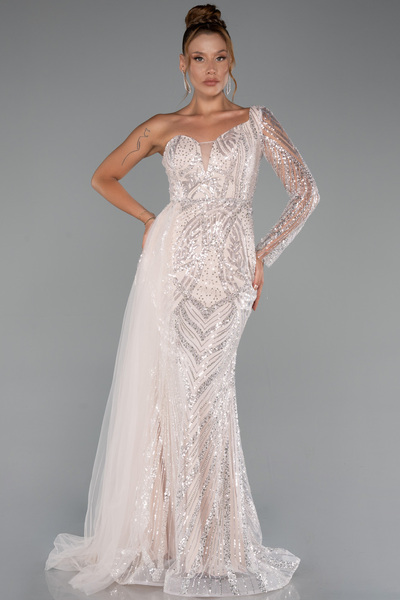 Abiyefon Pudra Tek Kol Taşlı Uzun Büyük Beden Özel Tasarım Abiye ABU5273