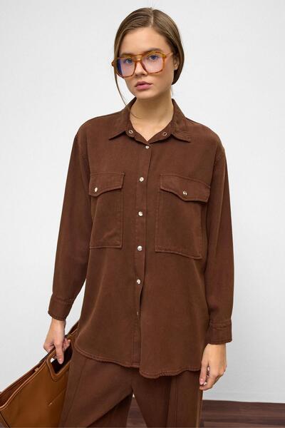 Olcay Snap Closure Casual Soft Denim Two-Piece Set Brown 9378-Tk