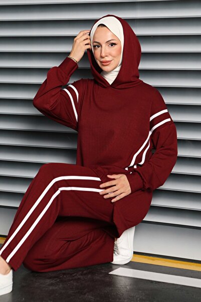 TOFİSA ριγέ Modal Διπλό Σετ Βουργουνδίας - 27710