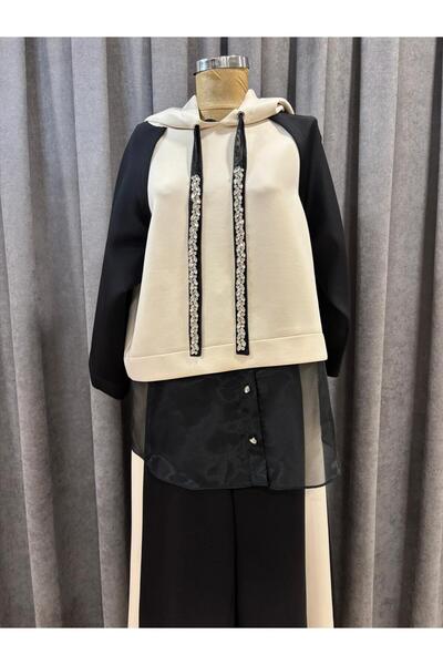 MİANOTTE Kapüşonlu Taş İşlemeli Tül Detaylı Şık Rahat Tasarım Eşofman Takımı