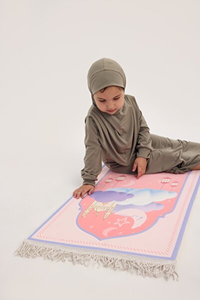 ALLNOORKİDS Namaz Seti / İbadet Seti - Namaz Elbisesi , Ay Yıldız Cami Desenli Süngerli Seccade , Tespih, Çanta