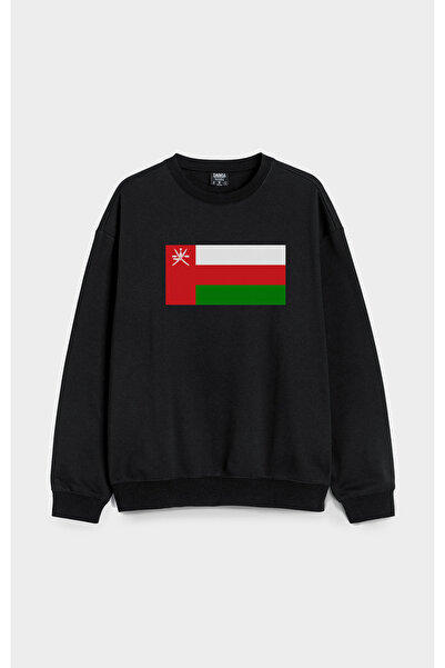 MODA سويت شيرت أسود كبير الحجم مطبوع عليه علم عمان بدون قلنسوة من القطن