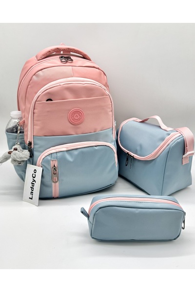 LaddyCo Suya Dayanıklı İlk Okul Çantası 3'lü Seti Unisex Çocuk İlkokul Çantası Ldc-8010 Pudra-Mavi
