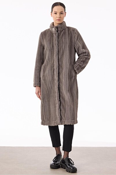 Tığ Triko Uzun Hakim Yakalı Suyolu Kürk Kaban GRİ