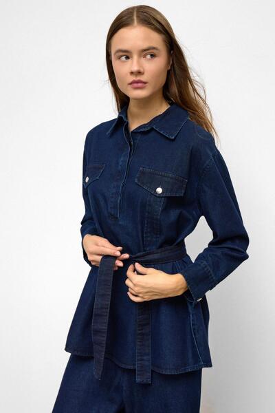 Olcay Παντελόνι με φαρδύ πόδι Τζιν Σετ δύο τεμαχίων ΣΚΟΥΡΟ ΜΠΛΕ 9379-TK