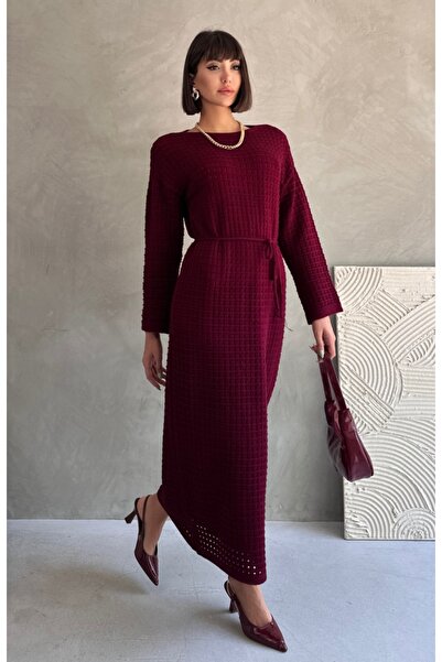 TOFİSA Acurlu Astarlı Bağcıklı Triko Elbise Bordo - 27711