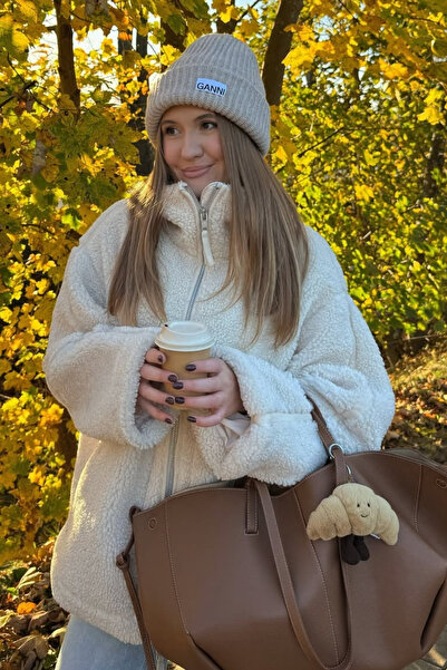 shop Ekru Dik Yakalı Cepli Peluş Mont HL0207