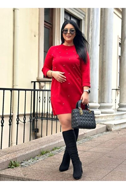 Ferdanur Başaran Büyük Beden Süet Kumaş Taşlı Elbise