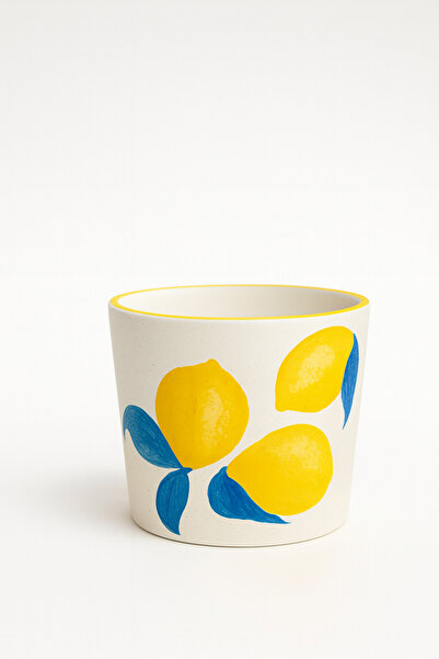 Narizen Home El Yapımı Seramik Saksı – Limon Desenli, Tabağıyla Birlikte
