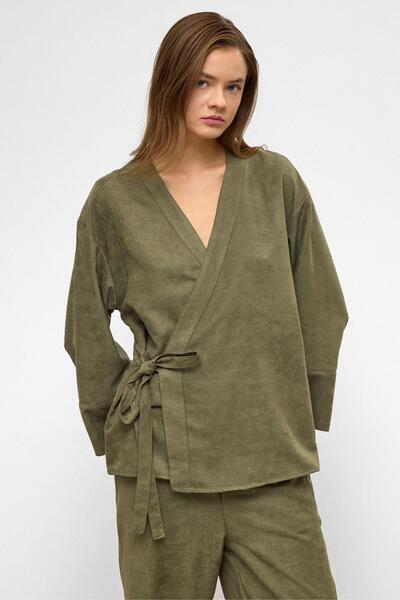 Olcay Kimono-Doppelset mit Schnürung vorne in Wildlederoptik, KHAKI 9366-TK