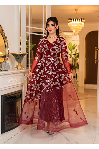 DADO BELLA Bordo Tül Üzeri İşlemeli Kumaş Gren Etekli Abiye